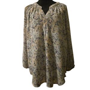 Rose + Olive XL Henley Tunic Top Floral V Neck Gray Lined Cottage Core Fairy